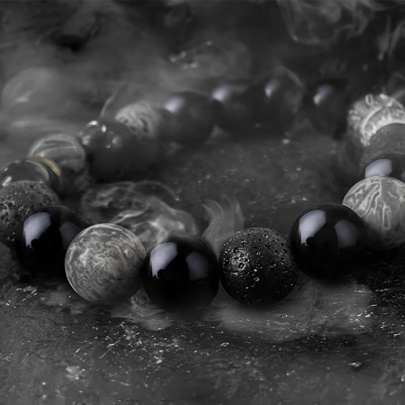 Pulsera de piedra de lava de obsidiana negra con piedras de Buda y fuerza Yin Yang