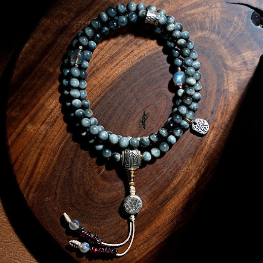 Pulsera positiva de piedra lunar y ojo de águila con 108 cuentas de mala de plata de ley 925 y piedras de Buda