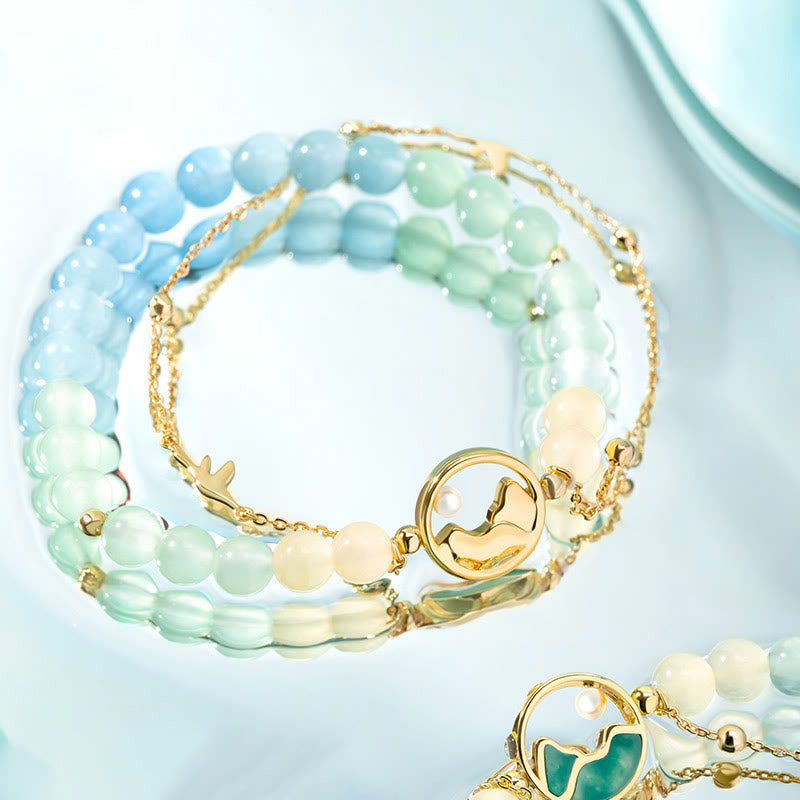 Conjunto de collar y pulsera con colgante de la suerte, piedras de Buda, cobre bañado en oro de 18 quilates, jade natural y calcedonia. Un panorama de ríos y montañas.