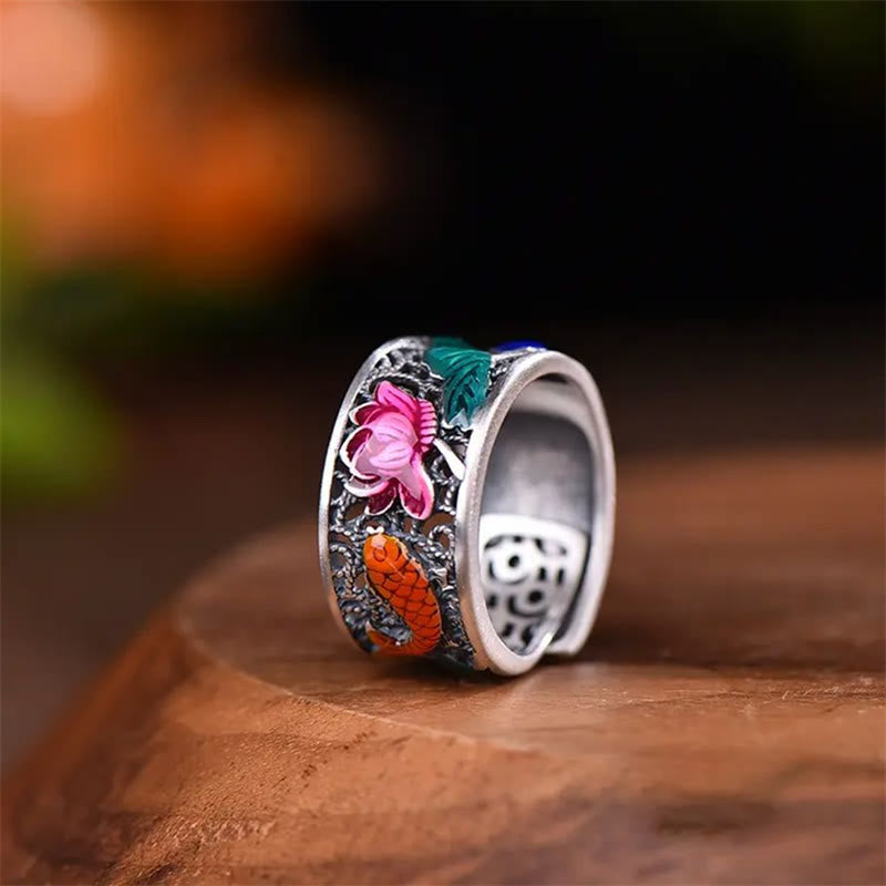 Buddha Stones Kupfer Blau Emaille Lotus Herz Sutra Koi Fisch Glücksring