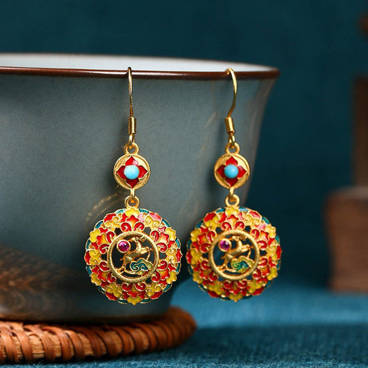 Pendientes colgantes de cobre con forma de alce de color Dunhuang bañados en oro de 24 quilates con piedras de Buda