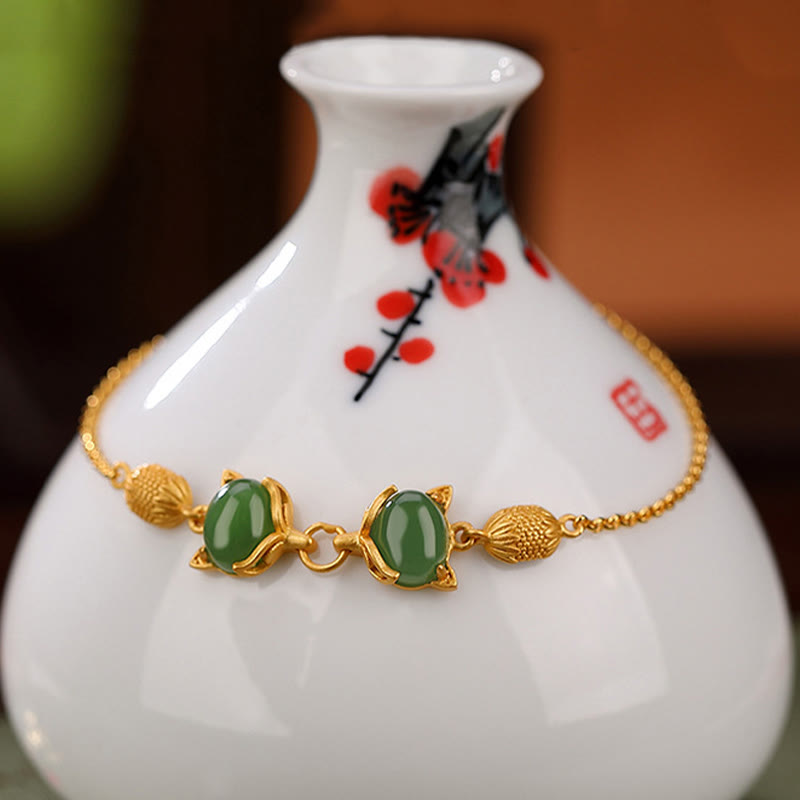 Buddha Stones 925 Sterling Silber Natürliche Hetian Weiße Jade Cyan Jade Schöne Fuchs Glück Armband