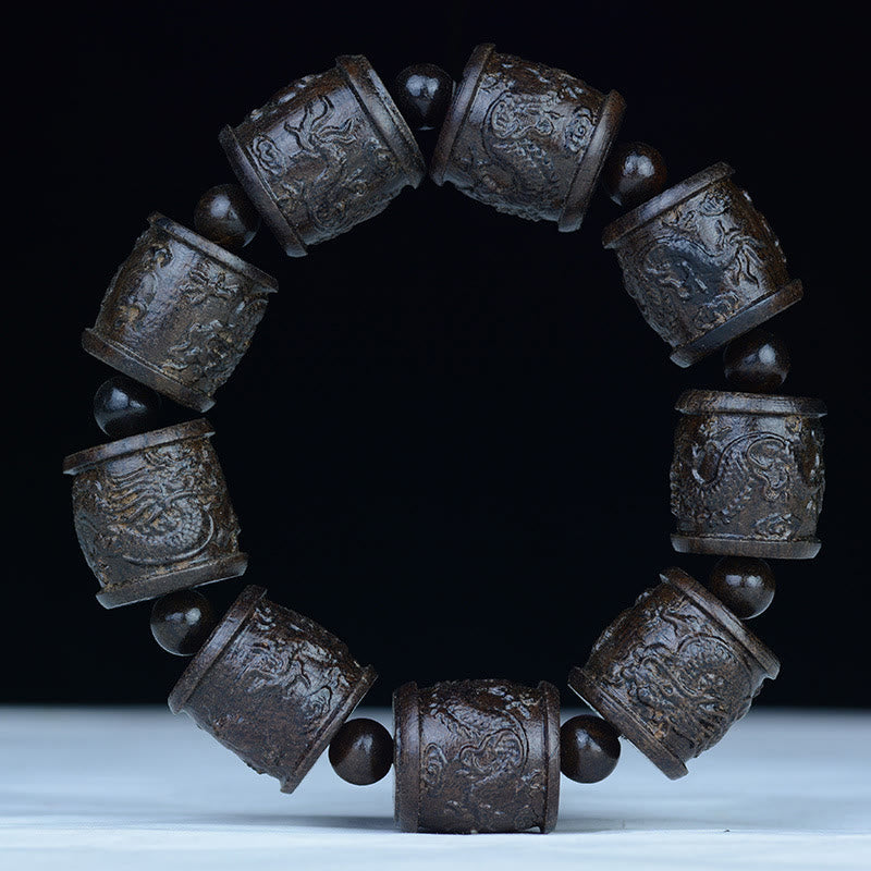 Pulsera de equilibrio con grabado de dragón de loto y dieciocho arhats de madera de ébano y piedras de Buda