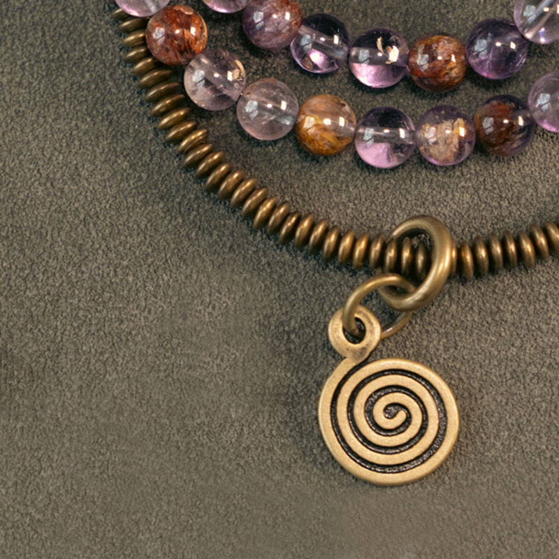 Pulsera de cobre con piedras de Buda, cuarzo hematoide rojo fantasma morado y cuarzo rutilado verde, amor y perdón