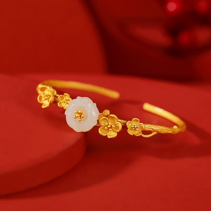 Buddha Stones 925 Sterling Silver Plated Gold Hetian Jade Plum Blossom Luck Necklace Pendant Bracelet Bangle Ring