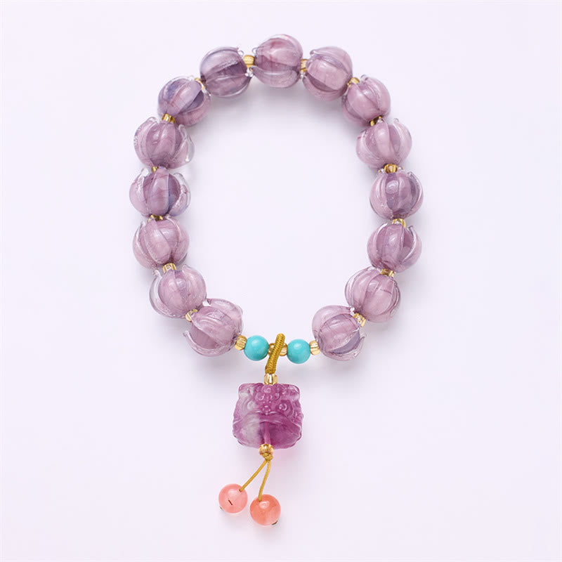 Pulsera de la Iluminación con Cuentas de Vidrio Liuli y Diseño de Loto, Fluorita, Marfil, Fruta, León Danzante