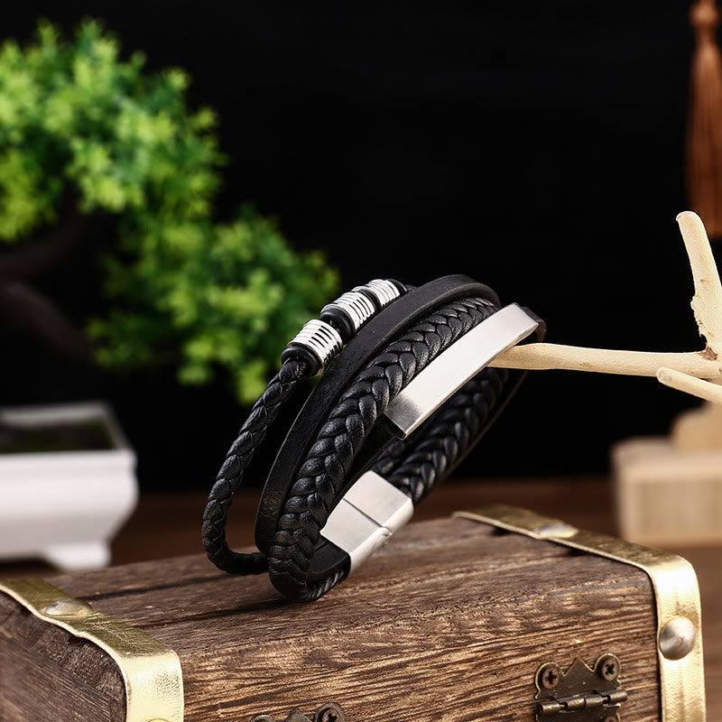 Pulsera trenzada multicapa de cuero y acero de titanio con hebilla magnética y piedras de Buda