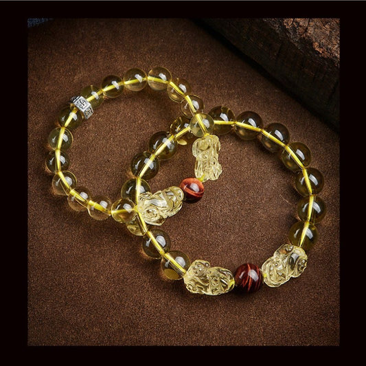 Pulsera de protección de la prosperidad con citrino natural y doble PiXiu de ojo de tigre de Buddha Stones