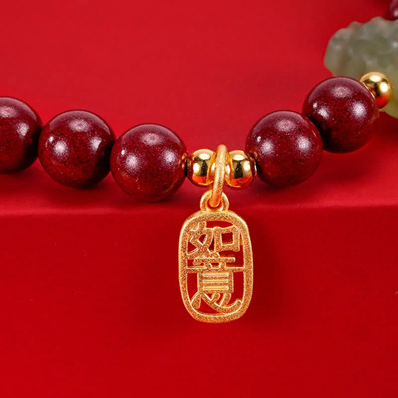 Buddha Stones 925 Sterling Silver Year of the Dragon Natural Cinnabar Hetian Jade Dragon Fu Character Ruyi As One Wishes Charm Blessing Bracelet