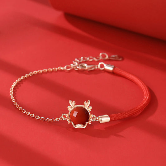 Pulsera, collar, colgante, pendientes y anillo de Buda de plata de ley 925 con cinabrio y ágata roja del Año del Dragón.