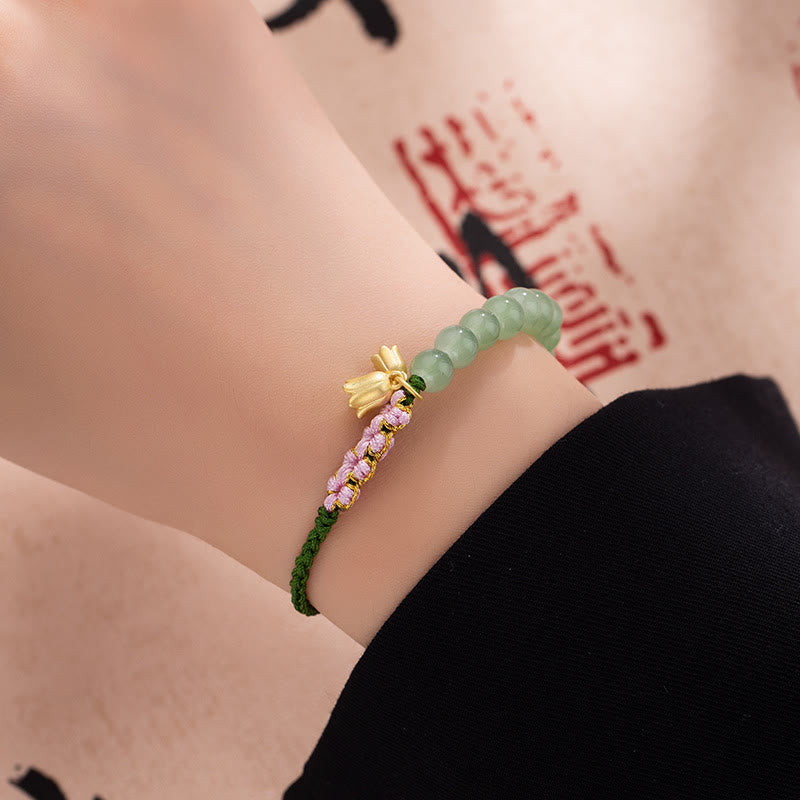 Pulsera trenzada con cuentas de jade de Buda, hecha a mano, con amuleto de lirio de los valles y la suerte