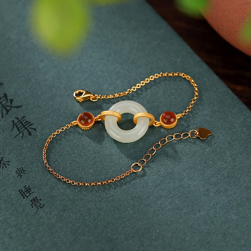 Pulsera de la suerte con piedras de Buda, plata de ley 925 bañada en oro, jade hetiano natural, hebilla de la paz y ágata roja