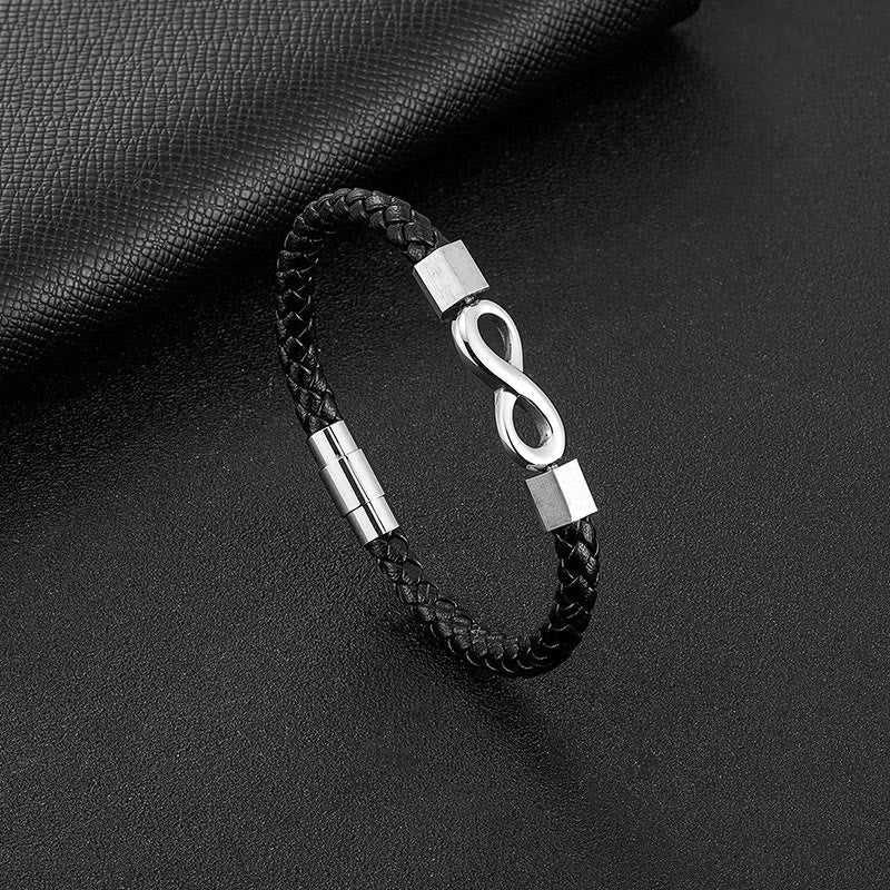 Pulsera de equilibrio con nudo infinito de piedras de Buda, acero de titanio y cuero trenzado.