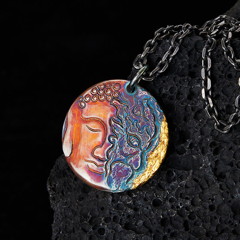 Buddha Stones Halskettenanhänger aus 999er Sterlingsilber und 24 Karat Gold, halb Dämon, halb Buddha, Mitgefühl