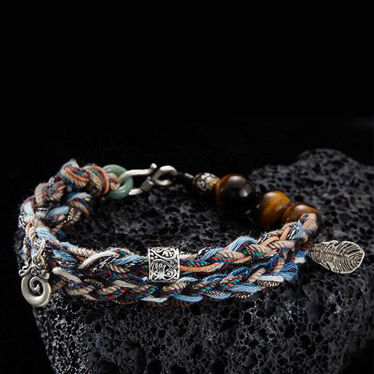 Pulsera de cuerda de algodón colorida con ojo de tigre de plata de ley 925 y piedras de Buda, hecha a mano