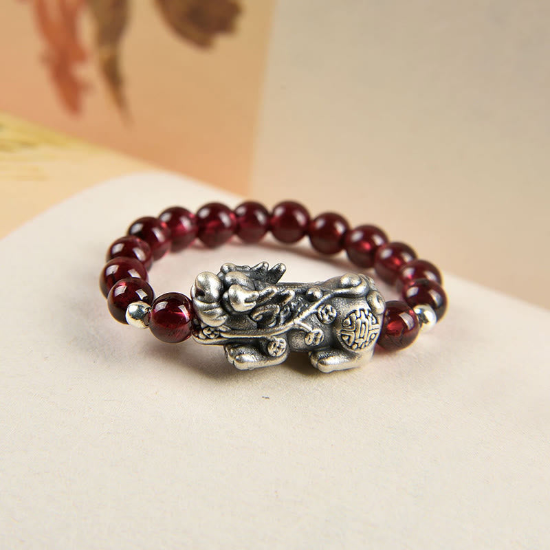Anillo de la riqueza PiXiu con piedras de Buda en plata de ley 925, granate natural, piedra lunar, ágata roja