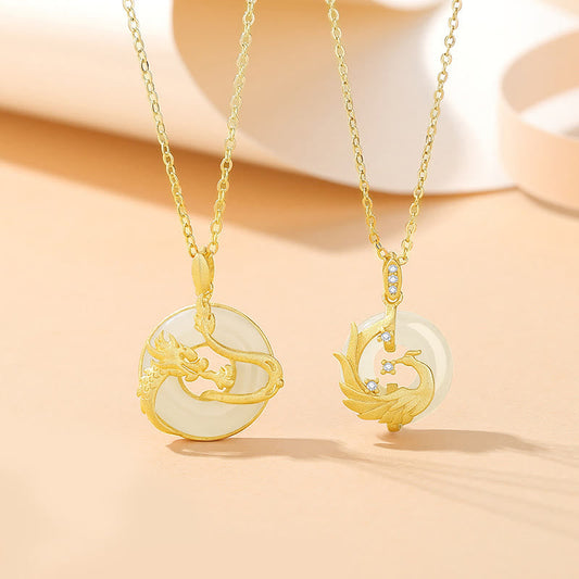 Collar con colgante de plata de ley 925 con piedras de Buda, jade hetiano, dragón dorado, fénix y hebilla de la suerte.