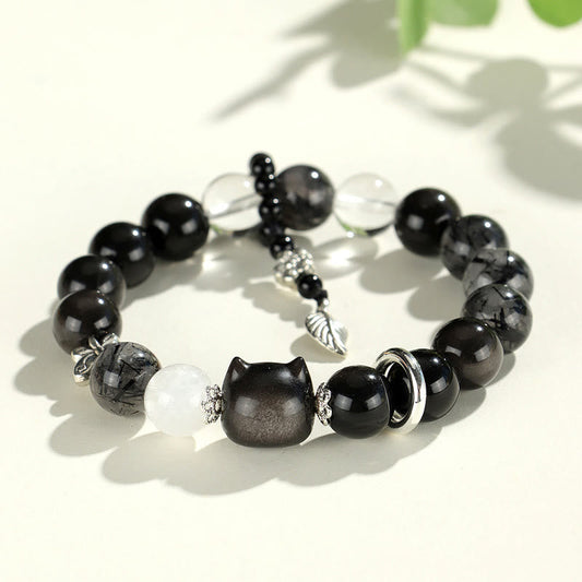 Pulsera de obsidiana con piedras de Buda y brillo de plata natural, con cabeza de gato y zorro, para proteger el planeta.