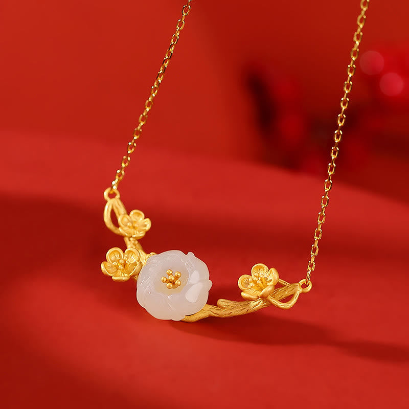 Buddha Stones 925 Sterling Silver Plated Gold Hetian Jade Plum Blossom Luck Necklace Pendant Bracelet Bangle Ring