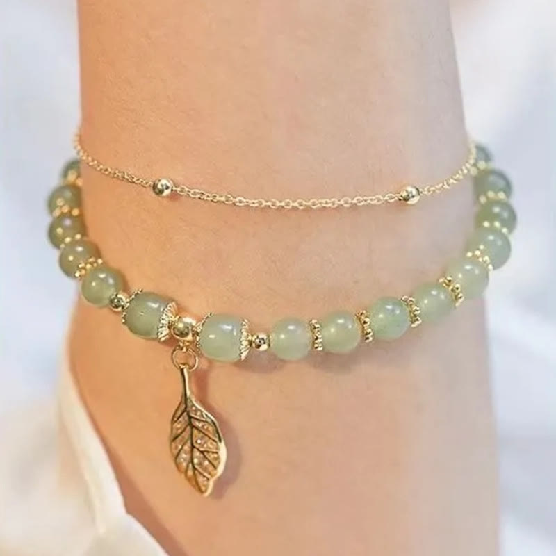 Pulsera de cuentas con piedras de Buda, hojas de jade, ginkgo, tulipán, cacahuete y carácter Fu, con la suerte
