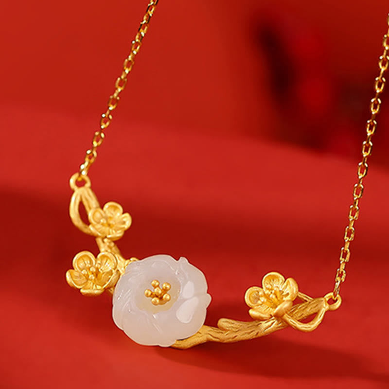 Buddha Stones 925 Sterling Silver Plated Gold Hetian Jade Plum Blossom Luck Necklace Pendant Bracelet Bangle Ring