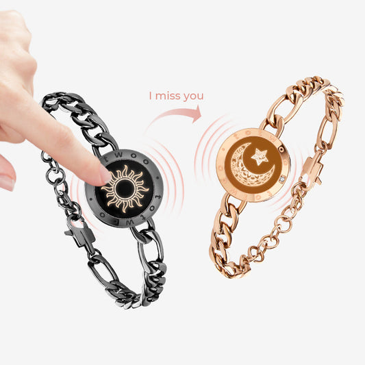 Sun&Moon Touch Bracelets with Figaro Chain (Black+Rose Gold) - Touch Bling