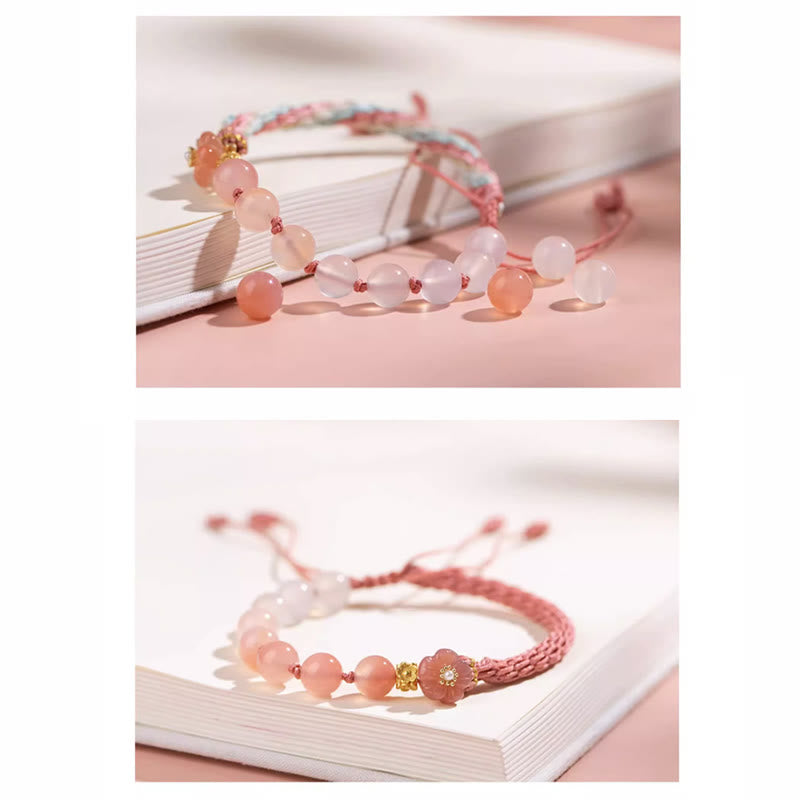Pulsera de hilo hecha a mano con piedras de Buda, ágata natural degradada, nudo de reencarnación, flor de durazno, riqueza y suerte.