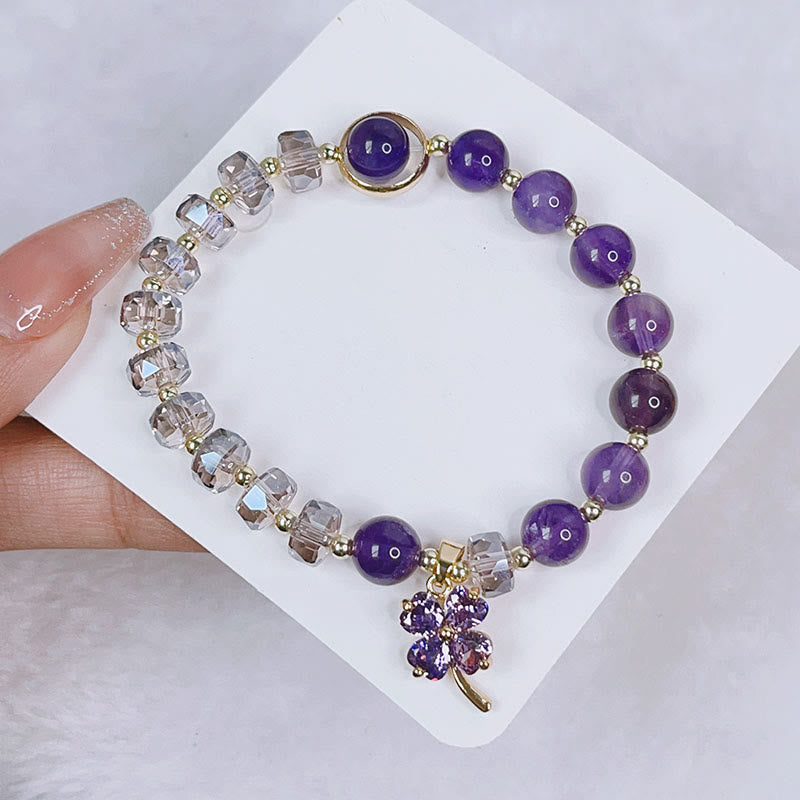 Pulsera con dijes curativos de trébol de cuatro hojas y cristal de amatista de Buda