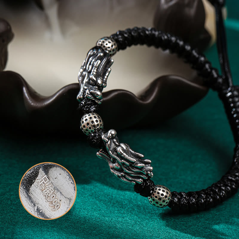 Buddha Stones 999 Sterling Silber Doppeldrache Glück Handgefertigtes geflochtenes Armband