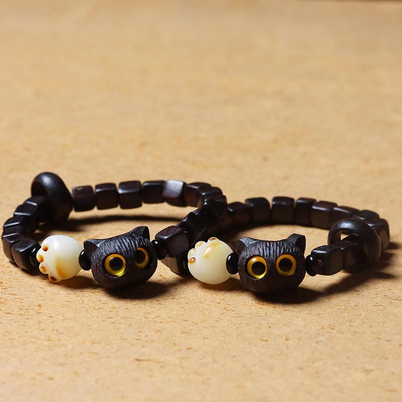 Pulsera de cuentas cuadradas con garra de pata y semillas de bodhi de gato, de madera de ébano y piedras de Buda