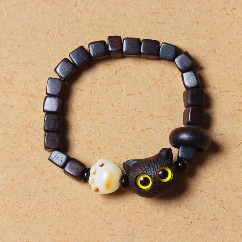 Pulsera de cuentas cuadradas con garra de pata y semillas de bodhi de gato, de madera de ébano y piedras de Buda