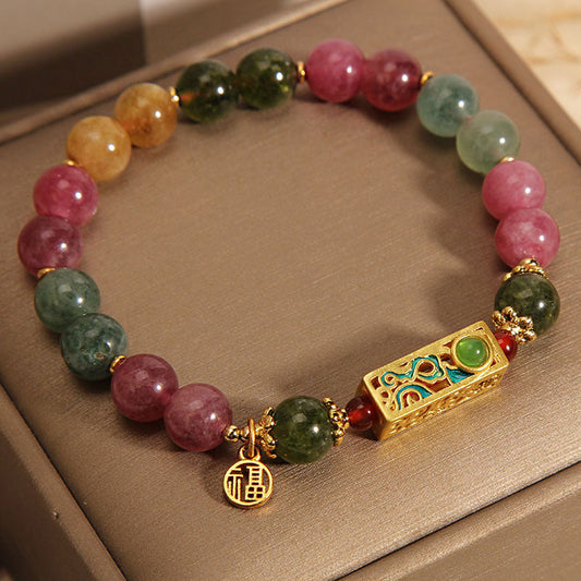 Pulsera con dijes de turmalina colorida y carácter positivo Fu de piedras de Buda