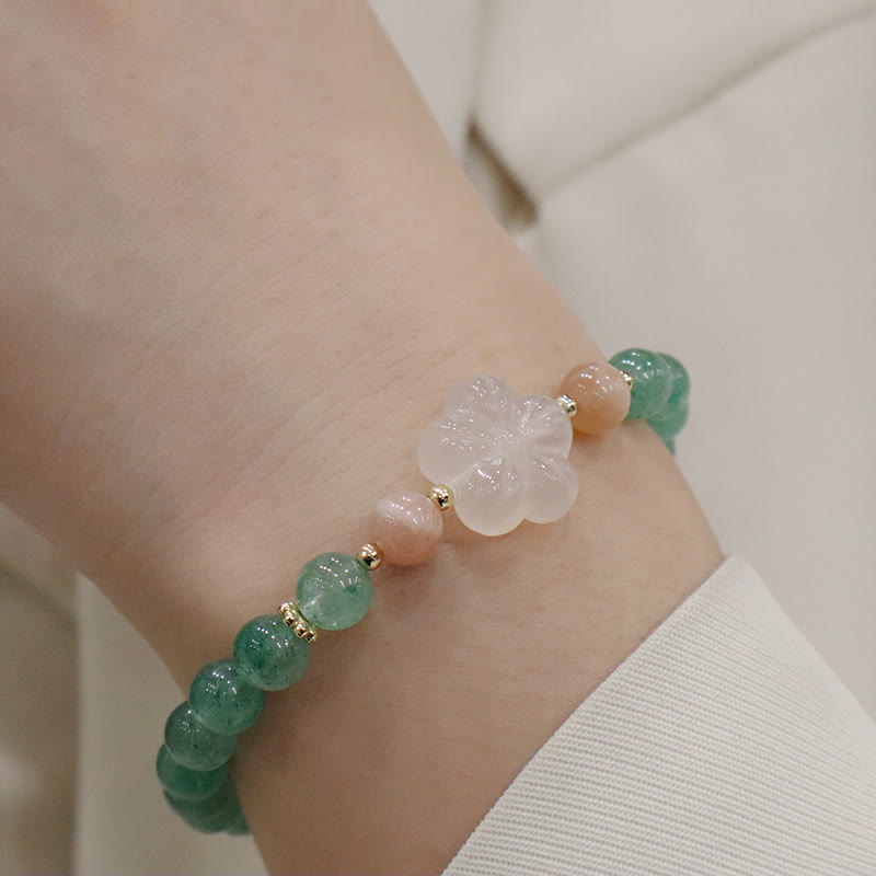 Buddha Stones Dankbarkeitsarmband mit natürlicher grüner Erdbeerquarz-Chalcedon-Blume