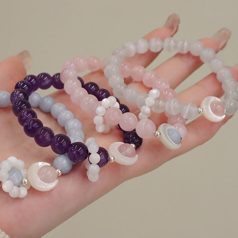 Pulsera de plata de ley 925 con amatista natural, aguamarina y cristal rosa, ojo de gato y luna creciente curativa.