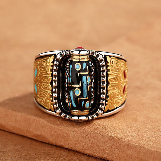 Buddha Stones Tibetischer Neun-Augen-Dzi-Perlen-Reichtumssegen-Drehring