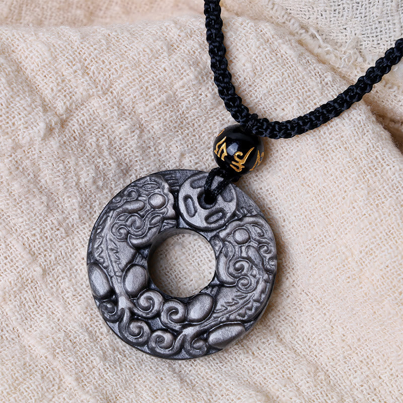 Collar con colgante de obsidiana con doble PiXiu, moneda de cobre, hebilla de paz y protección, con piedras de Buda y brillo de plata natural