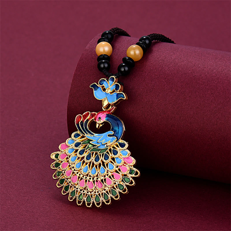 Collar con colgante de la fortuna de ágata turquesa, ámbar y pavo real de colores de Buda