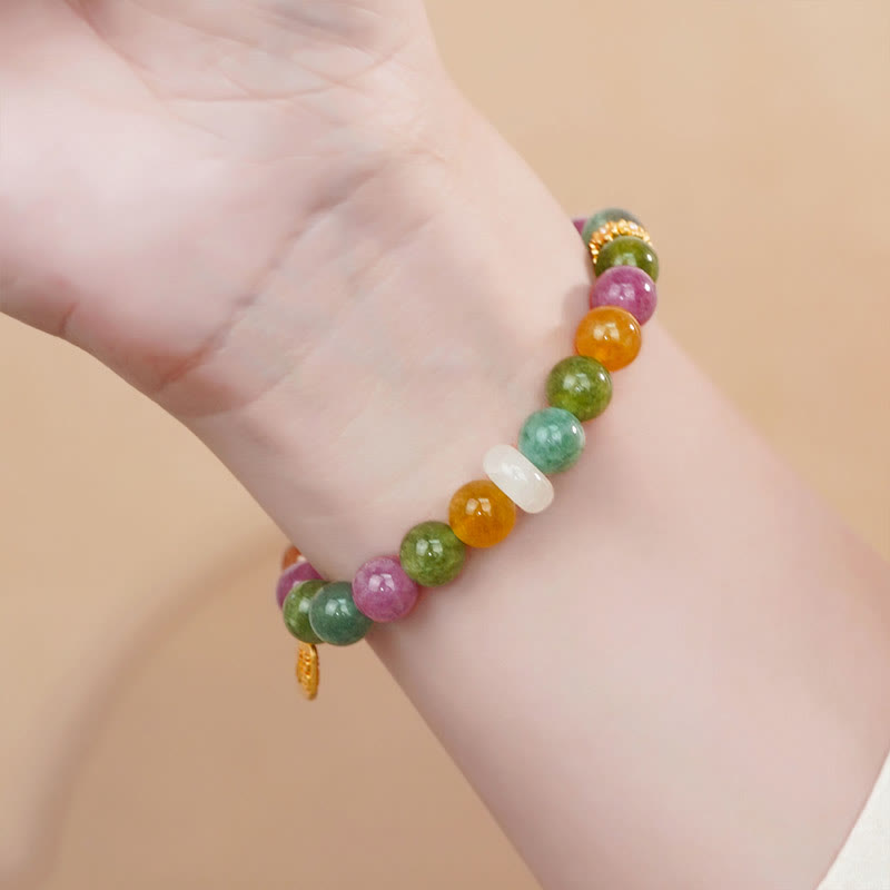 Pulsera con dijes de piedra de Buda, turmalina colorida, calcedonia y carácter positivo Fu