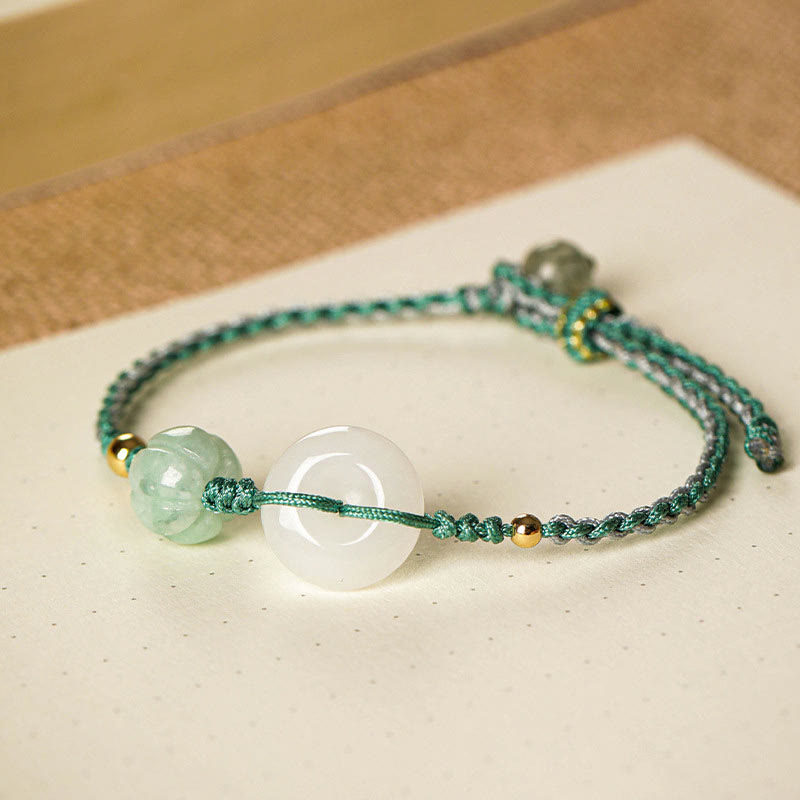 Pulsera trenzada con cuentas de calabaza y hebilla de paz de jade blanco y piedras de Buda para bendición de la suerte