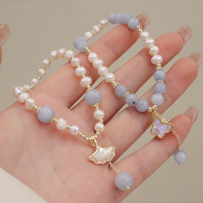 Pulsera con dije de mariposa, hoja de ginkgo y perla de aguamarina natural de Buda