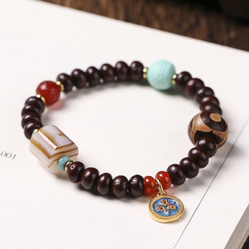 Pulsera de cuentas Dzi de semillas de Bodhi moradas del Tíbet con piedras de Buda naturales, Dios de la Riqueza y la Sabiduría