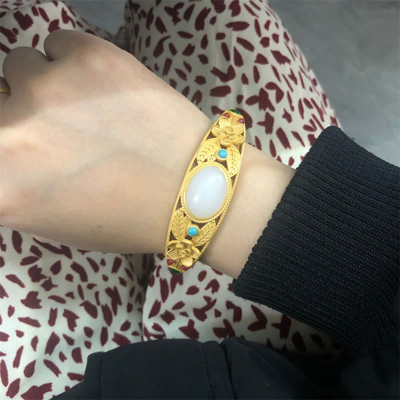 Buddha Stones Cyan Jade Weiß Jade Blume Blatt Harmonie Glück Armband Armreif