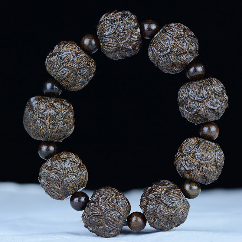 Pulsera de equilibrio con grabado de dragón de loto y dieciocho arhats de madera de ébano y piedras de Buda