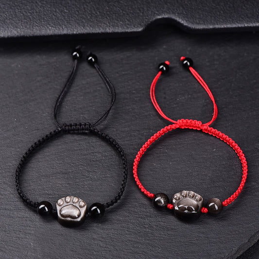 Buddha Stones Natürlicher Silberglanz Obsidian Goldglanz Obsidian Süßes Katzenpfoten-Klauen-Schutzseil-Armband