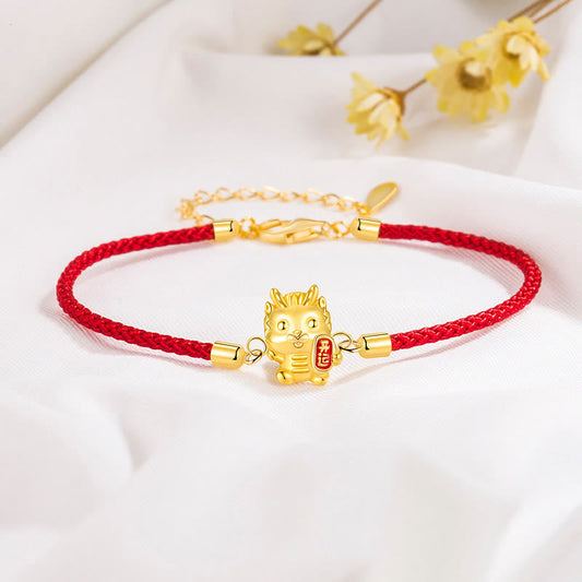 Pulsera de cadena roja con piedras de Buda en plata de ley 925, con el Año del Dragón, la Suerte y la Fuerza del Dragón Dorado