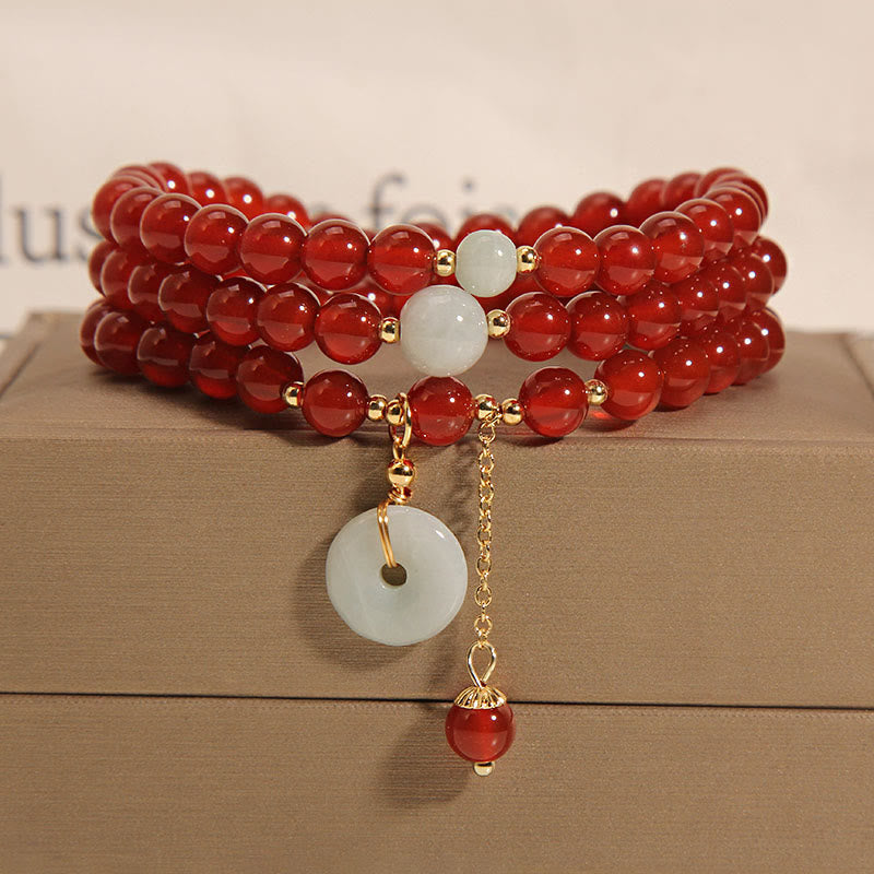 Buddha Stones Armband mit natürlicher roter Achat-Jade, Peace-Schnalle, Calm, dreifach wickelbar