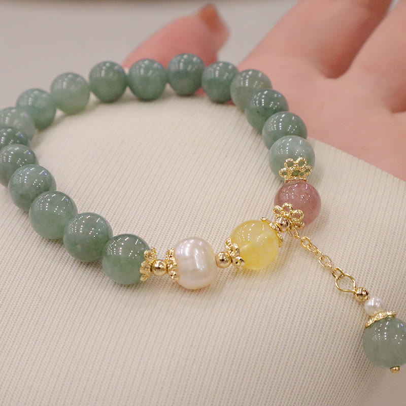 Pulsera de cuentas de Buda con jade, perla, cuarzo fresa y amuleto de la suerte