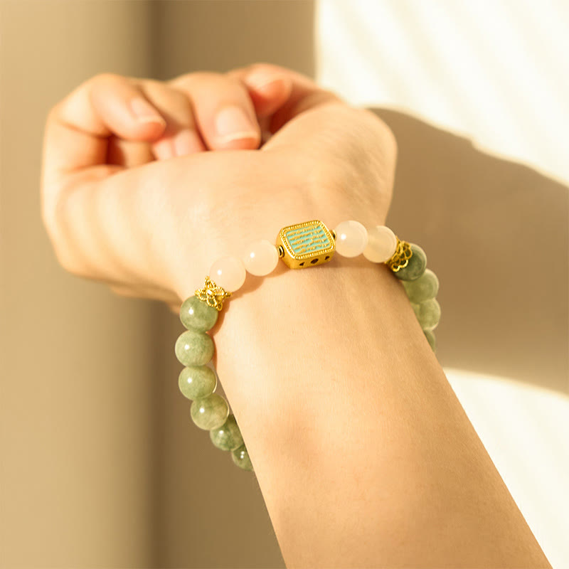 Pulsera de la abundancia de las Cinco Escrituras con piedras de Buda, jade verde natural y ágata blanca