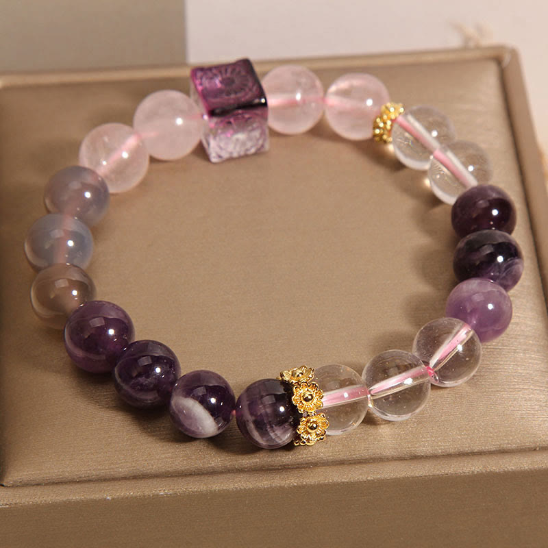Pulsera de amatista natural y cristal rosa de Buddha Stones para la paz interior y la sanación