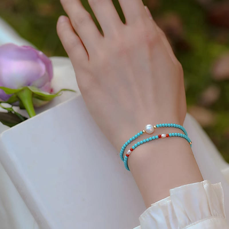 Pulsera protectora de cuentas pequeñas de ágata roja turquesa y perla de Buda